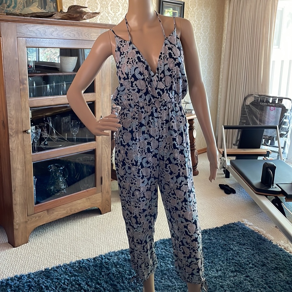 Blue and gray pattern jumpsuit with tassel ties.